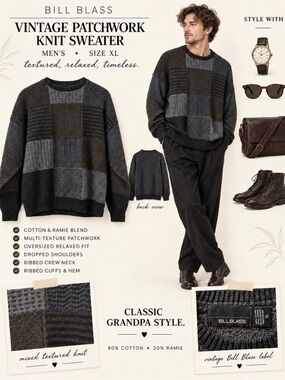Vintage 90s Bill Blass Patchwork Textured Knit Grandpa Sweater XL